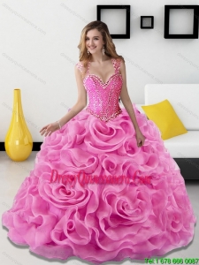 2015 Exclusive Beading and Rolling Flowers Rose Pink Quinceanera Dresses