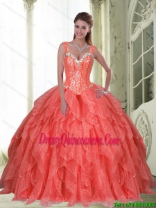 2015 Exclusive Beading and Ruffles Coral Red Sweet Sixteen Dresses with Sweetheart