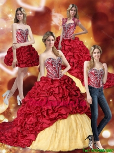 2015 Gorgeous Embroidery Wine Red and Yellow Quinceanera Dresses