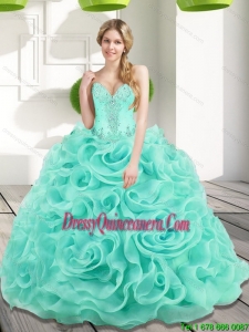 Exclusive Beading and Rolling Flowers 2015 Sweet 15 Dresses in Aqua Blue