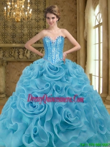 Exclusive Beading and Rolling Flowers Baby Blue 2015 Quinceanera Gown