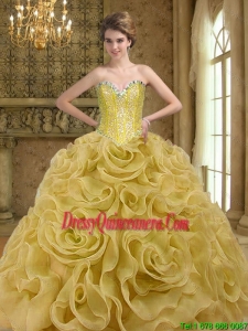 Luxurious Sweetheart Beading and Rolling Flowers Gold 2015 Quinceanera Gown