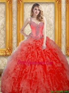 Modern Beading and Ruffles Coral Red 2015 Quinceanera Dress
