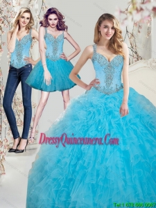 2015 Luxurious Beading Aqua Blue Sweet 16 Dresses