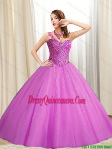 New Style Sweetheart Beading Tulle Fuchsia 2015 Quinceanera Dresses