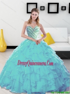 2015 Pretty Beading and Ruffles Sweetheart Aqua Blue Quinceanera Dresses