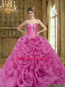 2015 Pretty Fuchsia Quinceanera Gown with Beading and Rolling Flowers