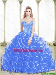 New Style Beading and Ruffled Layers Sweetheart 2015 Blue Quinceanera Dresses