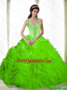 New Style Beading and Ruffles Sweetheart Dresses for a Quinceanera in Spring Green