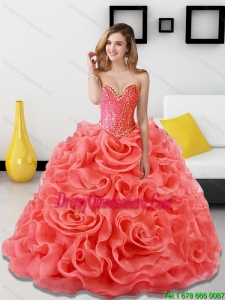 Pretty Beading and Rolling Flowers Coral Red Quinceanera Dresses for 2015