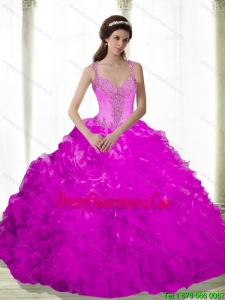 Pretty Beading and Ruffles Sweetheart Fuchsia 2015 Dresses for a Quinceanera