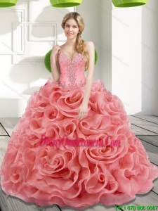 Perfect Beading and Rolling Flowers 2015 Watermelon Sweet 15 Dresses