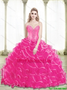2015 Vintage Beading and Ruffled Layers Sweetheart Quinceanera Dresses in Hot Pink