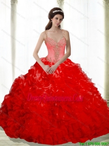 2015 Vintage Beading and Ruffles Sweetheart Red Dresses for a Quinceanera