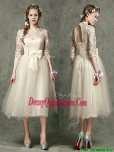 See Through High Neck Half Sleeves Dama Dress with Lace and Bowknot
