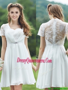 See Through Short Sleeves White Dama Dress with Belt and Lace