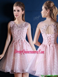 Exquisite Baby Pink Scoop Dama Dress with Appliques and Beading