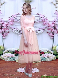 Fashionable See Through Scoop Half Sleeves Dama Dress with Bowknot
