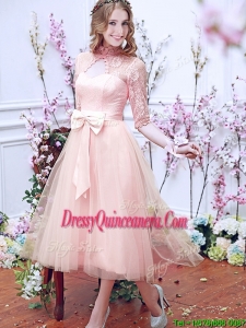 See Through High Neck Half Sleeves Dama Dress with Bowknot