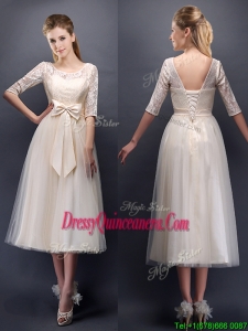 See Through Scoop Half Sleeves Champagne Dama Dress with Bowknot