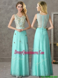 Discount Beaded and Applique V Neck Dama Dress in Apple Green
