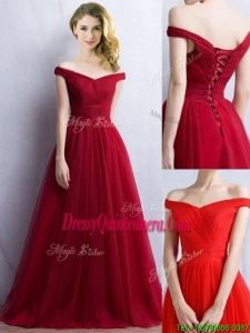 Elegant Off the Shoulder Cap Sleeves Dama Dress in Wine Red
