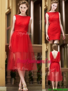 Exclusive Bateau Lace Tea Length Dama Dress in Red