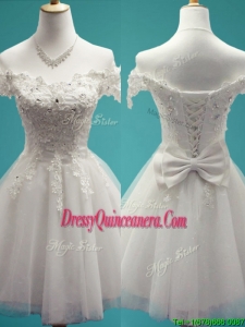Gorgeous White Off the Shoulder Cap Sleeves Dama Dress with Beading and Bowknot