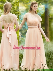 Beautiful See Through Scoop Short Sleeves Dama Dress in Peach