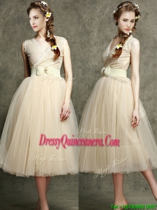 Cheap Champagne V Neck Dama with Belt and Bowknot
