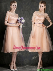 New Scoop Half Sleeves Dama Dress with Sashes and Lace