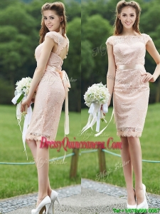 See Through Scoop Cap Sleeves Dama Dress with Sashes