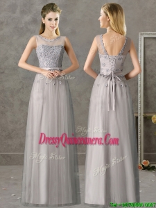 Beautiful See Through Scoop Grey Long Dama Dress with Appliques
