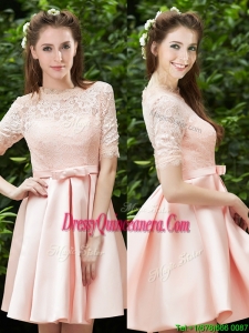 Lovely High Neck Short Sleeves Dama Dress with Lace and Bowknot