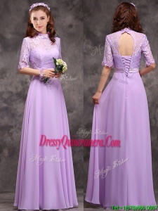 Beautiful High Neck Handcrafted Flowers Dama Dress with Half Sleeves