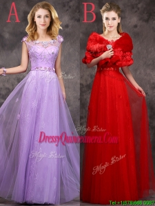 Discount Beaded and Applique Cap Sleeves Long Dama Dress in Tulle