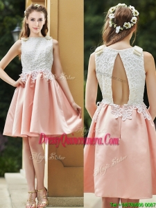 Elegant Bateau Open Back Applique Short Dama Dress in Pink