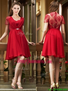 Elegant See Through Back Red Short Dama Dress with Short Sleeves