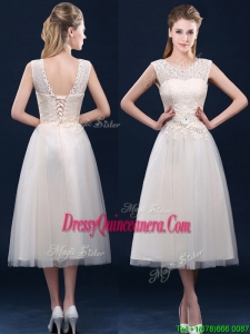 Fashionable Tea Length Scoop Dama Dress with Lace and Appliques