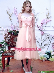 Comfortable Square Half Sleeves Bowknot Dama Dress in Baby Pink