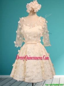 Discount Scoop Half Sleeves Champagne Dama Dress with Appliques and Belt