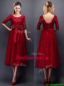 Gorgeous Scoop Half Sleeves Bowknot Dama Dress in Wine Red