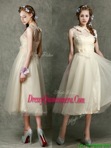 Pretty High Neck Champagne Dama Dress with Lace and Hand Made Flowers