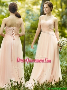See Through One Shoulder Peach Dama Dress in Floor Length