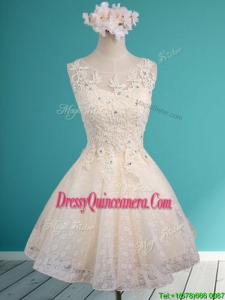 See Through Scoop Short Dama Dress with Beading and Appliques