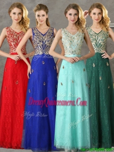 Fashionable V Neck Long Dama Dress with Appliques and Beading