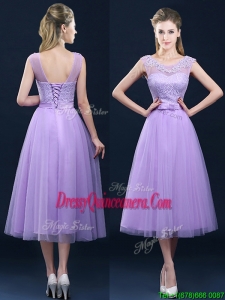 Popular See Through Applique and Belt Dama Dress in Tulle