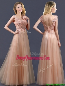 Top Selling V Neck Long Dama Dress with Appliques and Beading