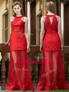 Cheap Belted Red Long Dama Dress in Tulle and Lace