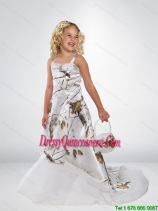 2015 Popular A Line Straps Camo Little Girl Pageant Dreses with Brush Train Beading